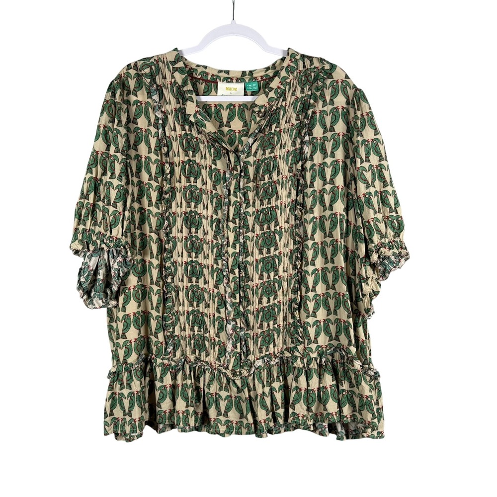 Maeve Anthropologie Womens 22W Blouse Green Bird Print Peplum Pintuck Boho Top